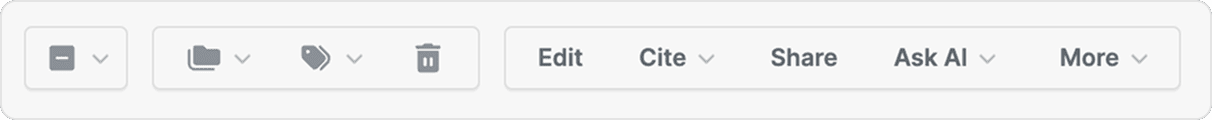 The library toolbar showing the select, folder, label and trash buttons on the left and Edit, Cite, Share, Ask AI and More menus on the right.